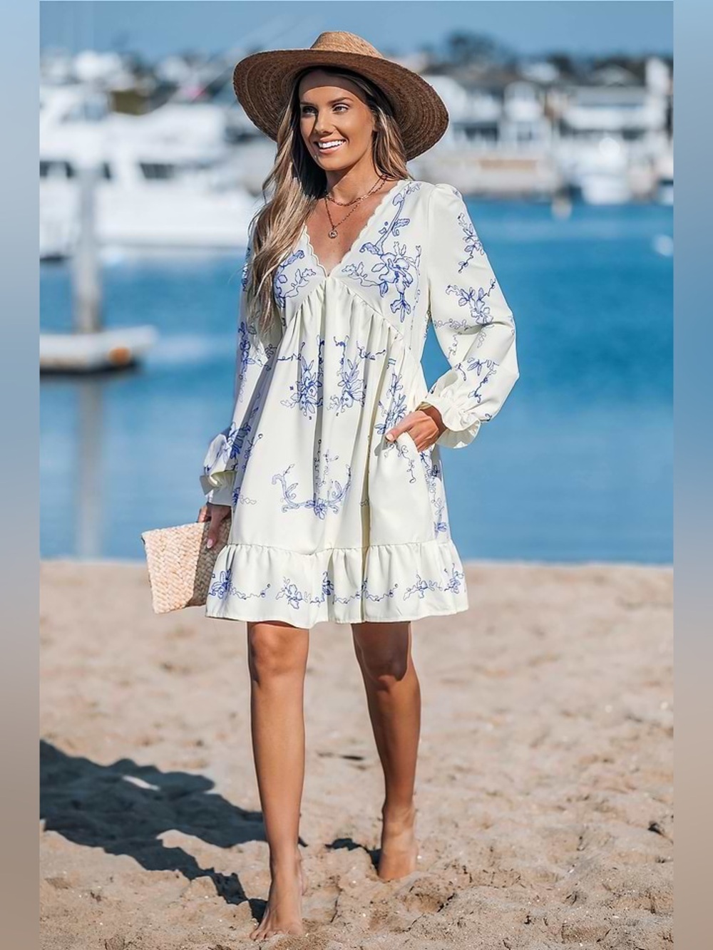 NWT Cupshe Boho Orchids Ruffled Mini Dress Long Sleeve Floral Cream Blue - Picture 14 of 14
